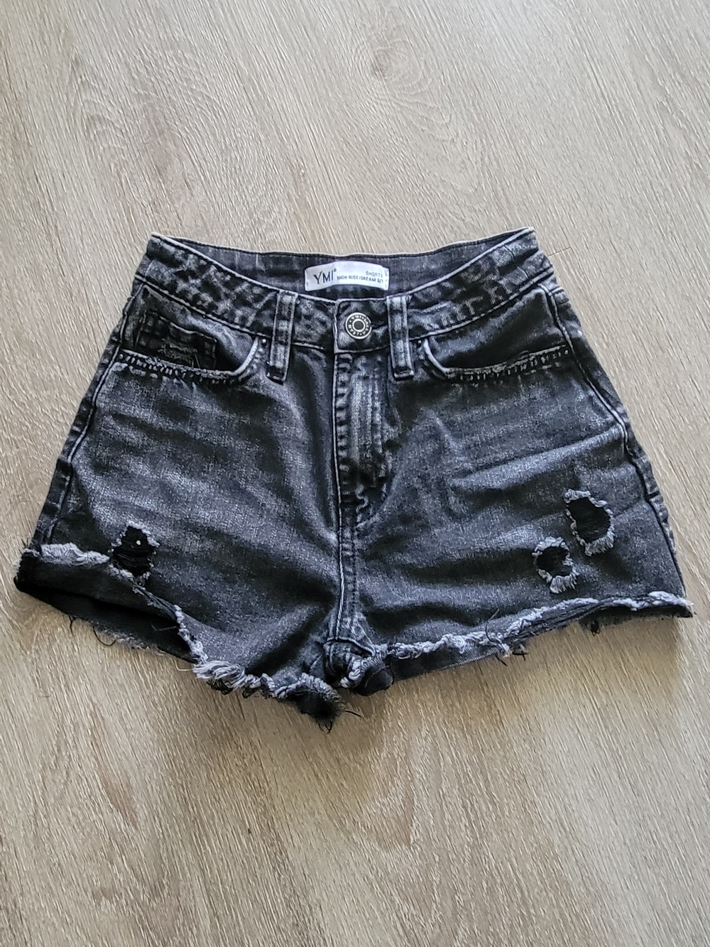 YMI Black Washed Distressed High-Rise Denim Shorts